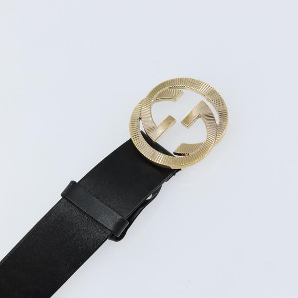 GUCCI Interlocking Belt Leather 37.4"" Black Gold 232849 Auth 149771