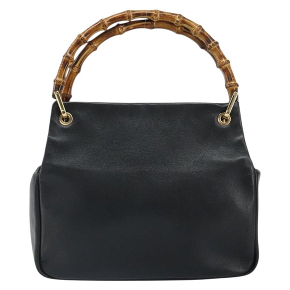 GUCCI Bamboo Hand Bag Leather Black Gold 000 3444 0575 Auth 149792