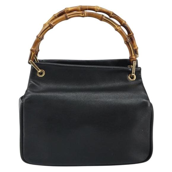 GUCCI Bamboo Hand Bag Leather Black Gold 000 3444 0575 Auth 149792