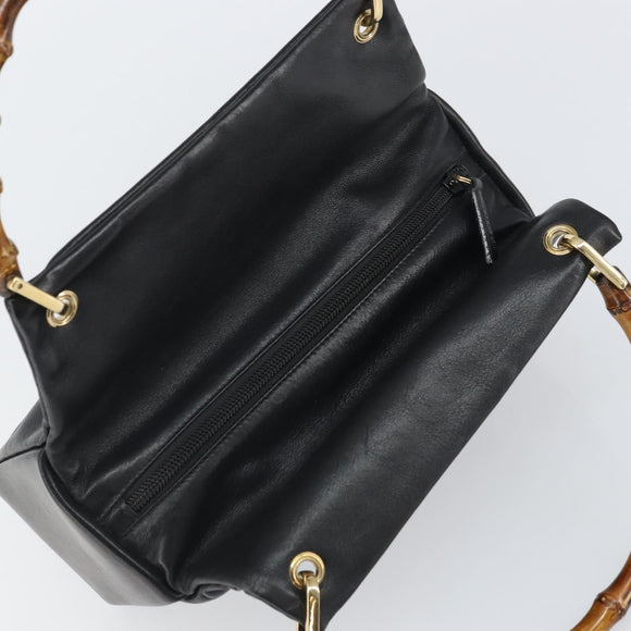 GUCCI Bamboo Hand Bag Leather Black Gold 000 3444 0575 Auth 149792