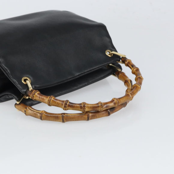 GUCCI Bamboo Hand Bag Leather Black Gold 000 3444 0575 Auth 149792