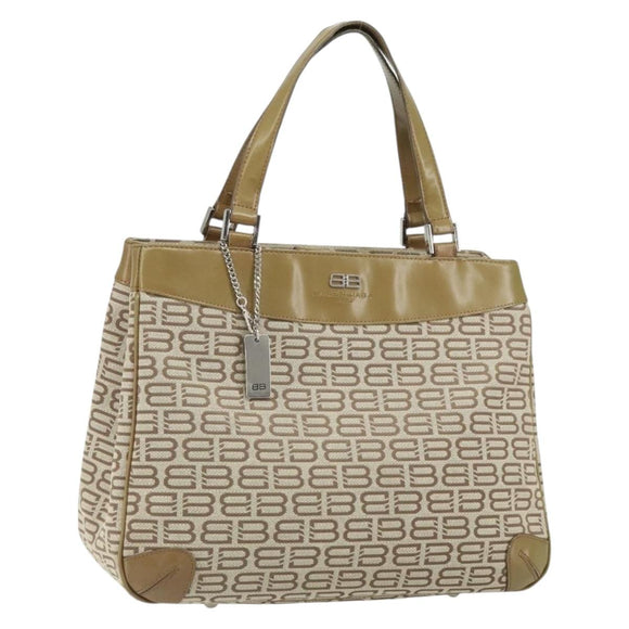 BALENCIAGA Hand Bag Canvas Beige Silver Auth 149812