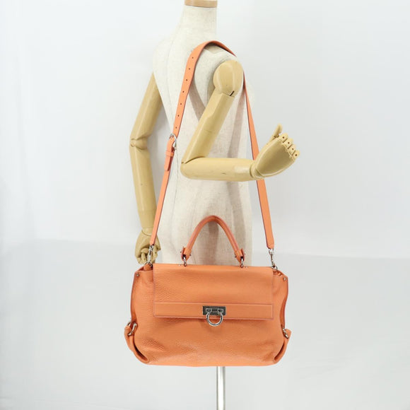 Salvatore Ferragamo Gancini Hand Bag Leather 2way Orange Silver Auth 149840