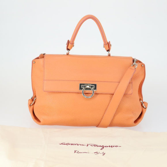 Salvatore Ferragamo Gancini Hand Bag Leather 2way Orange Silver Auth 149840