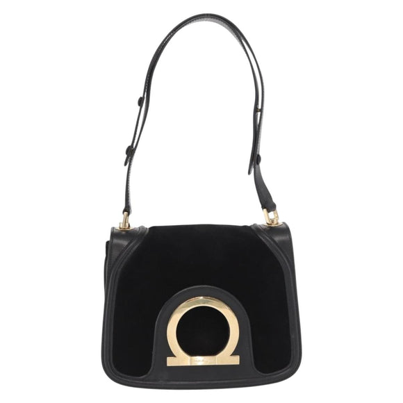 Salvatore Ferragamo Gancini Shoulder Bag Suede Black Gold Auth 149888V