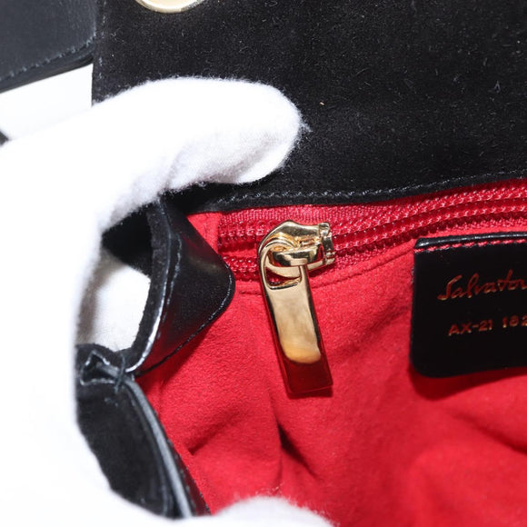 Salvatore Ferragamo Gancini Shoulder Bag Suede Black Gold Auth 149888V