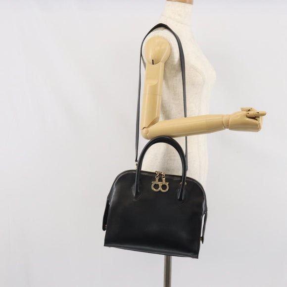 Salvatore Ferragamo Gancini Shoulder Bag Leather 2way Black Gold Auth 149910