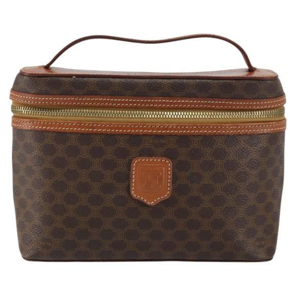 CELINE Macadam Canvas Vanity Pouch PVC Leather Brown Gold Auth 149953