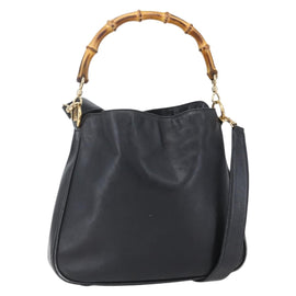 GUCCI Bamboo Shoulder Bag Leather 2way Black Gold 001 3754 1639 Auth 149973