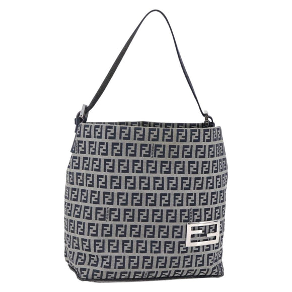 FENDI Zucchino Canvas Shoulder Bag Navy Silver Auth 150032
