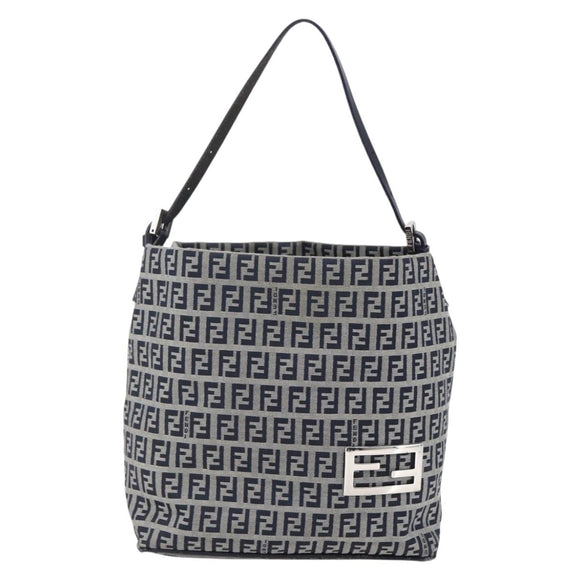 FENDI Zucchino Canvas Shoulder Bag Navy Silver Auth 150032