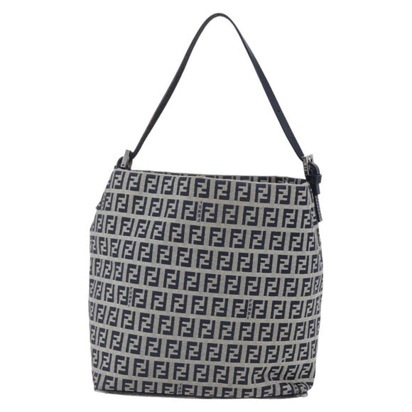 FENDI Zucchino Canvas Shoulder Bag Navy Silver Auth 150032