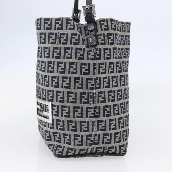 FENDI Zucchino Canvas Shoulder Bag Navy Silver Auth 150032