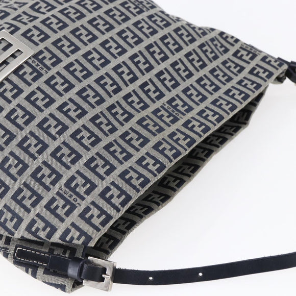 FENDI Zucchino Canvas Shoulder Bag Navy Silver Auth 150032