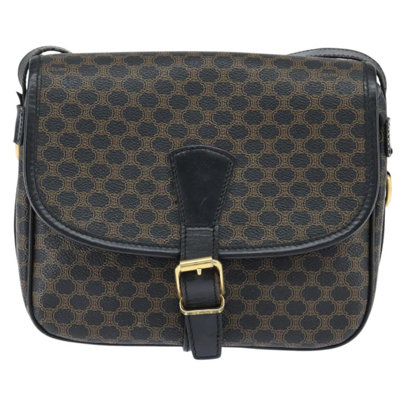 CELINE Macadam Canvas Shoulder Bag PVC Leather Black Gold Auth 150035