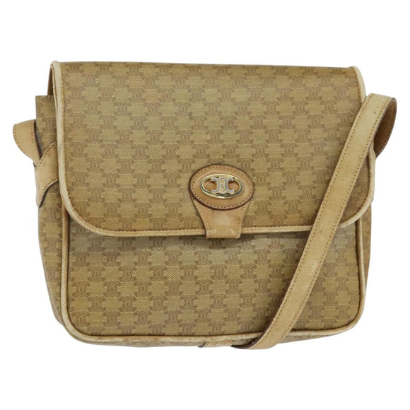 CELINE Macadam Canvas Shoulder Bag Beige Gold Auth 150067