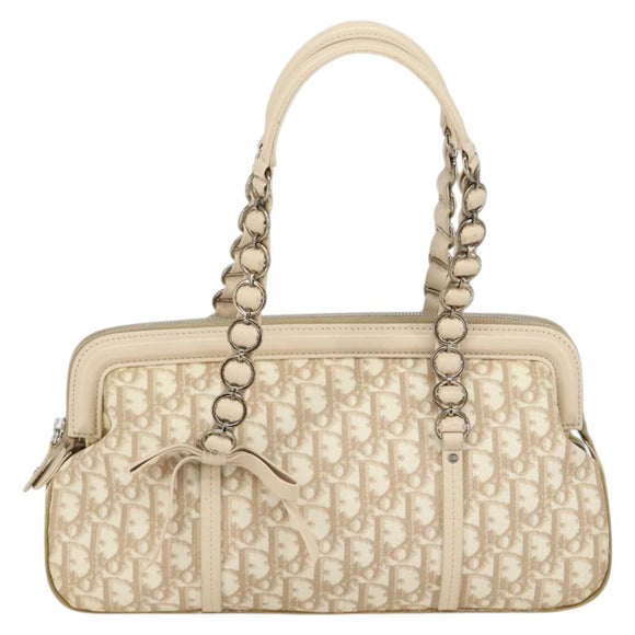 Christian Dior Trotter Canvas Romantic Tote Bag PVC Beige Silver Auth 150070