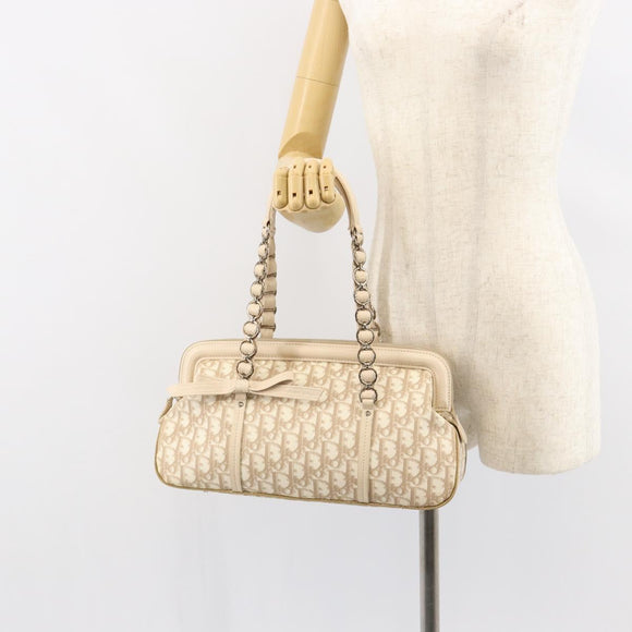 Christian Dior Trotter Canvas Romantic Tote Bag PVC Beige Silver Auth 150070