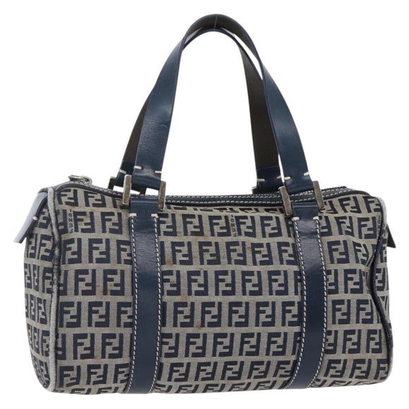 FENDI Zucchino Canvas Hand Bag Navy Silver Auth 150074