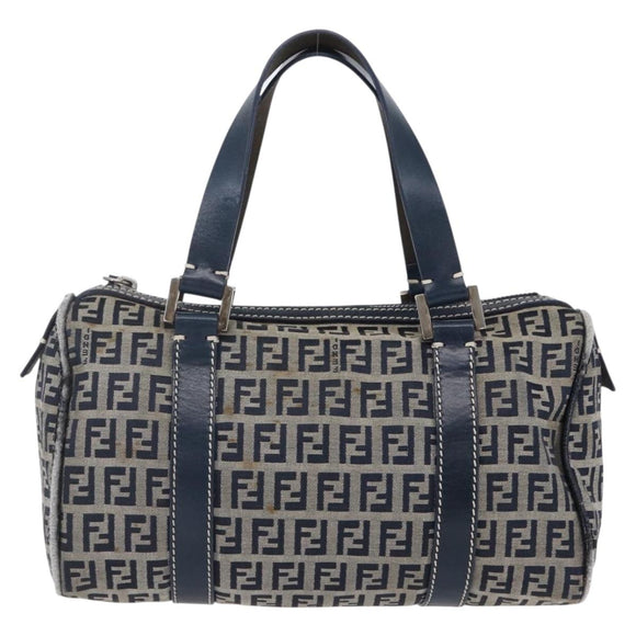 FENDI Zucchino Canvas Hand Bag Navy Silver Auth 150074