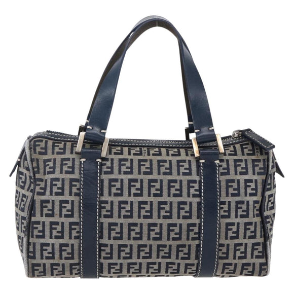 FENDI Zucchino Canvas Hand Bag Navy Silver Auth 150074