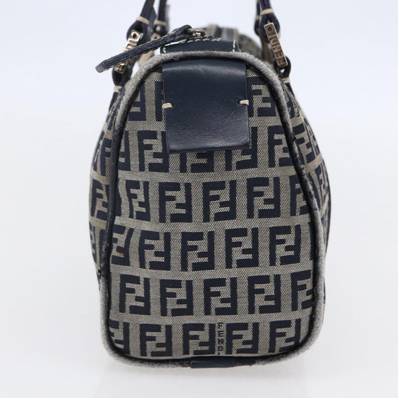 FENDI Zucchino Canvas Hand Bag Navy Silver Auth 150074