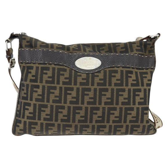 FENDI Zucca Canvas Celeria Shoulder Bag Black Brown Auth 150078