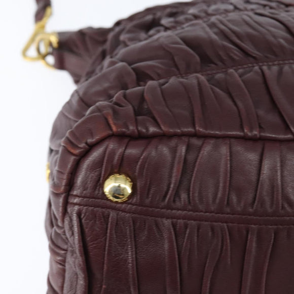 PRADA Gathered Hand Bag Leather 2way Bordeaux Gold Auth 150088