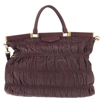 PRADA Gathered Hand Bag Leather 2way Bordeaux Gold Auth 150088 - 0
