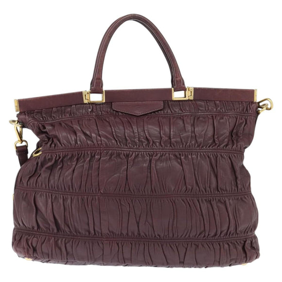 PRADA Gathered Hand Bag Leather 2way Bordeaux Gold Auth 150088