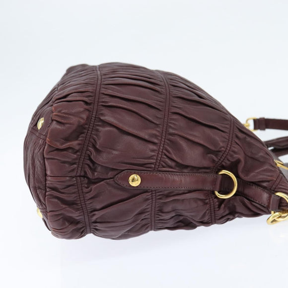 PRADA Gathered Hand Bag Leather 2way Bordeaux Gold Auth 150088