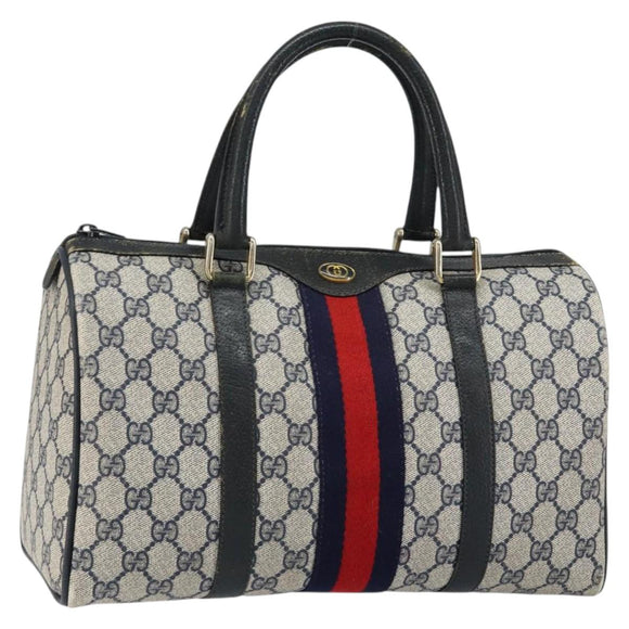 GUCCI GG Supreme Sherry Line Boston Bag PVC Navy Gold Red Auth 150128