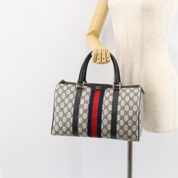 GUCCI GG Supreme Sherry Line Boston Bag PVC Navy Gold Red Auth 150128