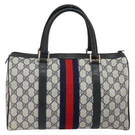 GUCCI GG Supreme Sherry Line Boston Bag PVC Navy Gold Red Auth 150128 - 0