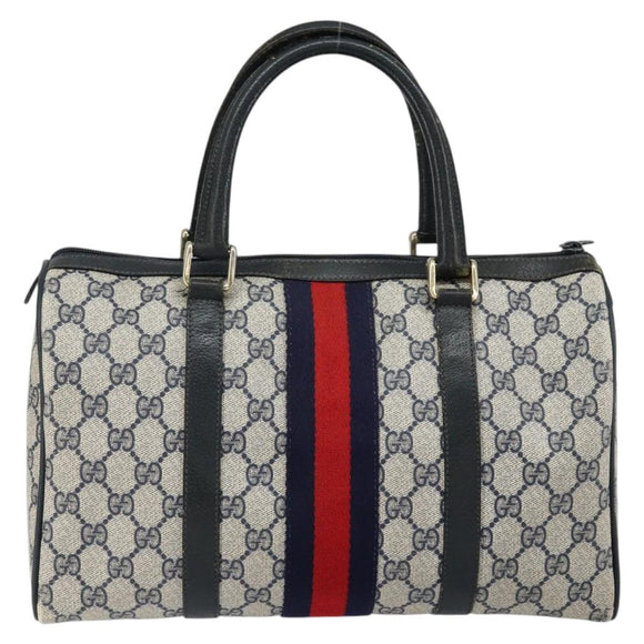 GUCCI GG Supreme Sherry Line Boston Bag PVC Navy Gold Red Auth 150128