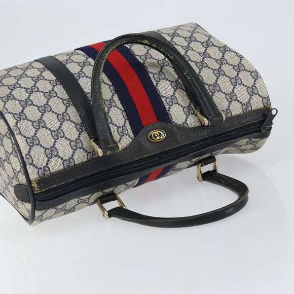 GUCCI GG Supreme Sherry Line Boston Bag PVC Navy Gold Red Auth 150128