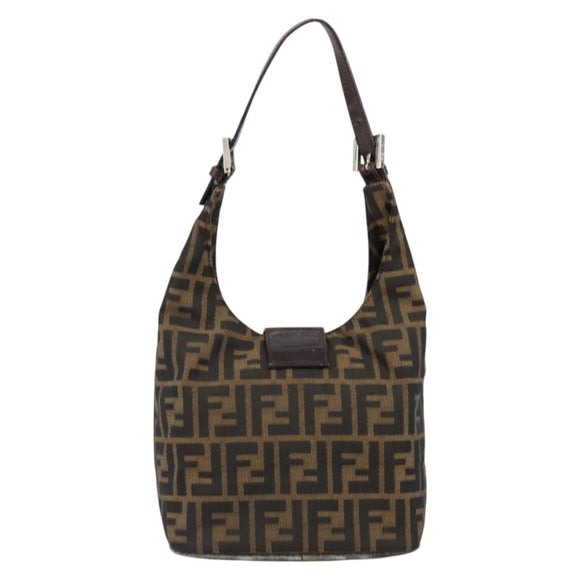 FENDI Zucca Canvas Mamma Baguette Shoulder Bag Black Brown Silver Auth 150142
