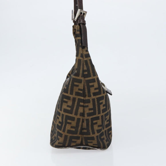 FENDI Zucca Canvas Mamma Baguette Shoulder Bag Black Brown Silver Auth 150142