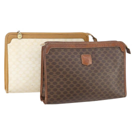 CELINE Macadam Canvas Clutch Bag PVC Leather 2 Set Brown Beige Auth 150205