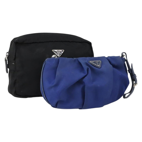 PRADA Pouch Nylon 2 Set Black Blue Auth 150209