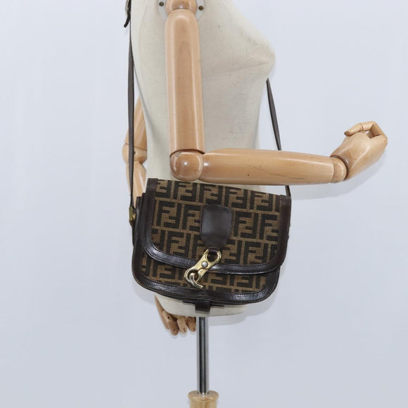 FENDI Zucca Canvas Shoulder Bag Black Brown Auth 150285
