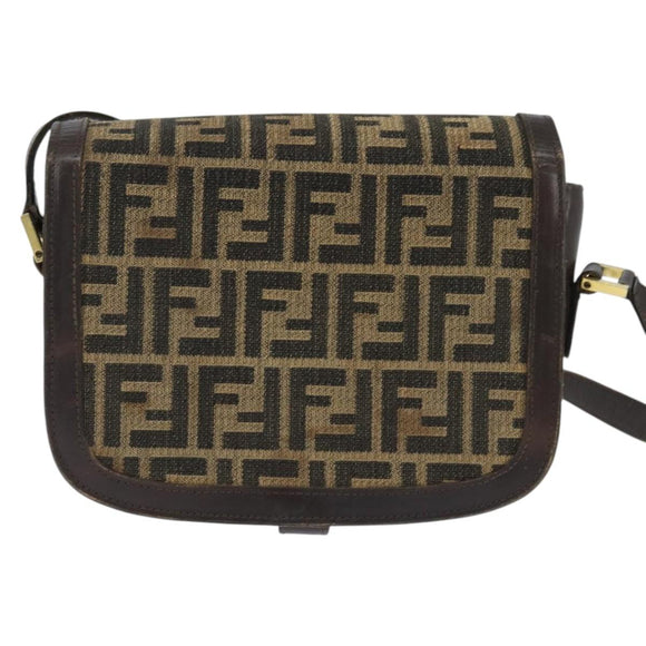 FENDI Zucca Canvas Shoulder Bag Black Brown Auth 150285