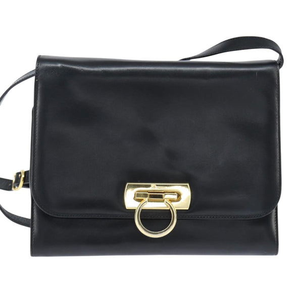 Salvatore Ferragamo Gancini Shoulder Bag Leather Black Gold Auth 150291