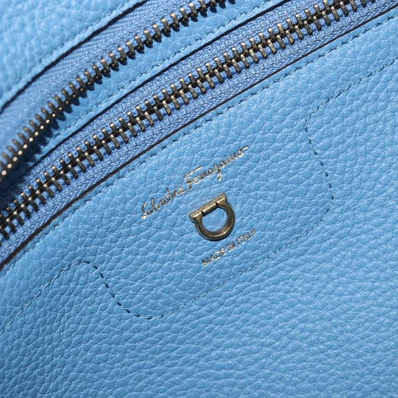 Salvatore Ferragamo Gancini Hand Bag Leather 2way Blue Gold Auth 150292