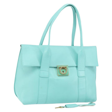 Salvatore Ferragamo Gancini Hand Bag Leather Turquoise Blue Gold Auth 150296