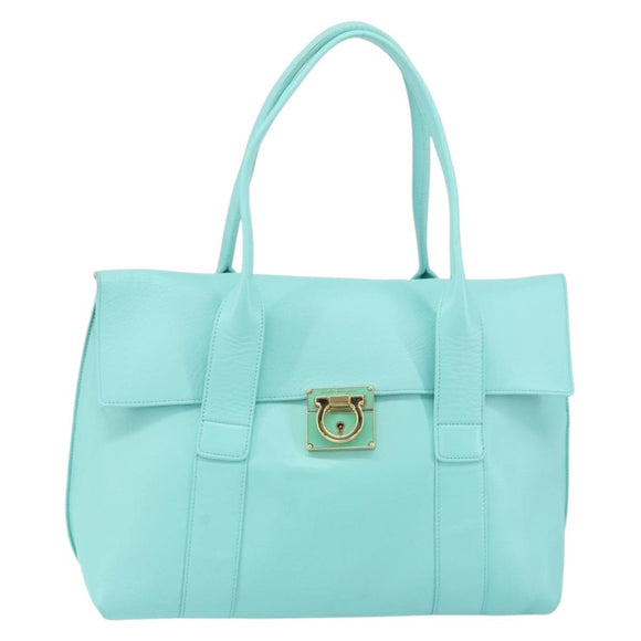 Salvatore Ferragamo Gancini Hand Bag Leather Turquoise Blue Gold Auth 150296