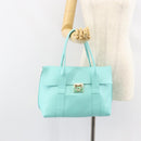 Salvatore Ferragamo Gancini Hand Bag Leather Turquoise Blue Gold Auth 150296-20
