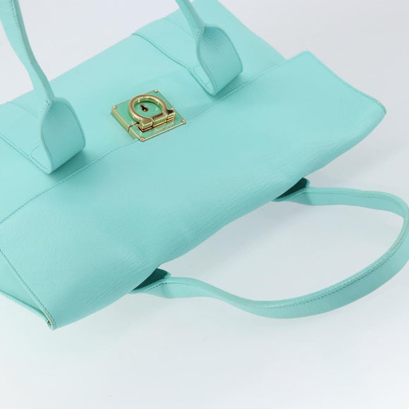 Salvatore Ferragamo Gancini Hand Bag Leather Turquoise Blue Gold Auth 150296