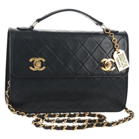 CHANEL Matelasse Double Turn Lock Chain Bag Lamb Skin 2way Navy CC Auth 150317SM