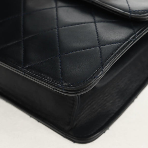 CHANEL Matelasse Double Turn Lock Chain Bag Lamb Skin 2way Navy CC Auth 150317SM